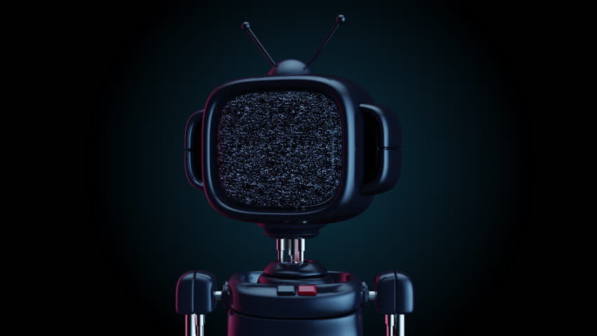 Robot with head in shape of TV or monitor with noisy glitch signal on screen. Creative fashion cartoon 3d animation. Retro futuristic character concept design.