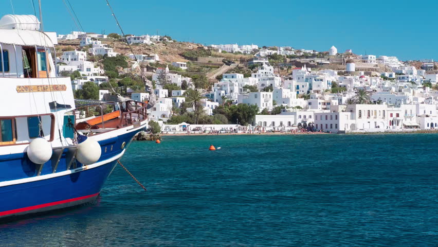 The Town of Mykonos - Greece - called Chora, with whitewashed cubic houses balconies painted in bright colors and narrow streets. Inside many restaurants, chic boutiques, souvenir shops, lounge clubs