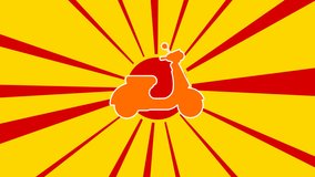 Scooter symbol on the background of animation from moving rays of the sun. Large orange symbol increases slightly. Seamless looped 4k animation on yellow background
