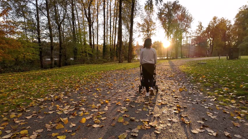 Mother walking with Stroller on Path at Deer Lake. Burnaby, BC Canada. Fall Season. Sunny Sunset. Slow Motion. High quality 4k footage