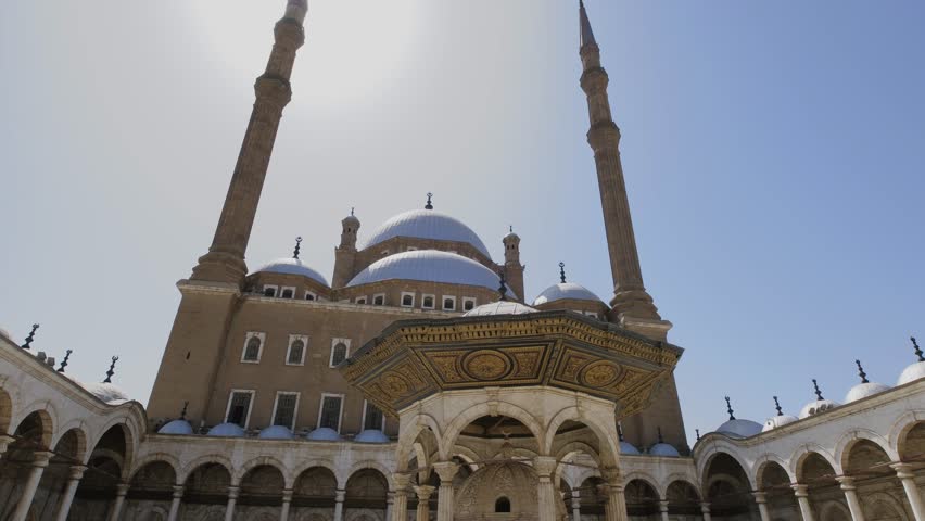 Inside of the Great Mosque of Muhammad Ali Pasha or Alabaster Mosque situated on the summit of the citadel. Tourist crowd. People on vacation. Touristic attraction. Cairo. Egypt. 