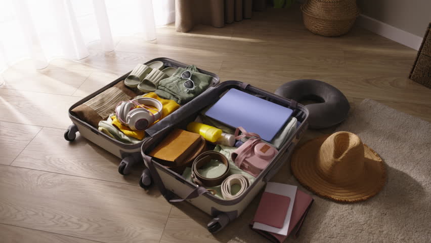 Packed open suitcase in middle of living room. Preparations for trip are almost complete. Tickets and passport are in sight. Anticipation of relaxation and adventure is in air. Video with no people | Shutterstock HD Video #1111591681