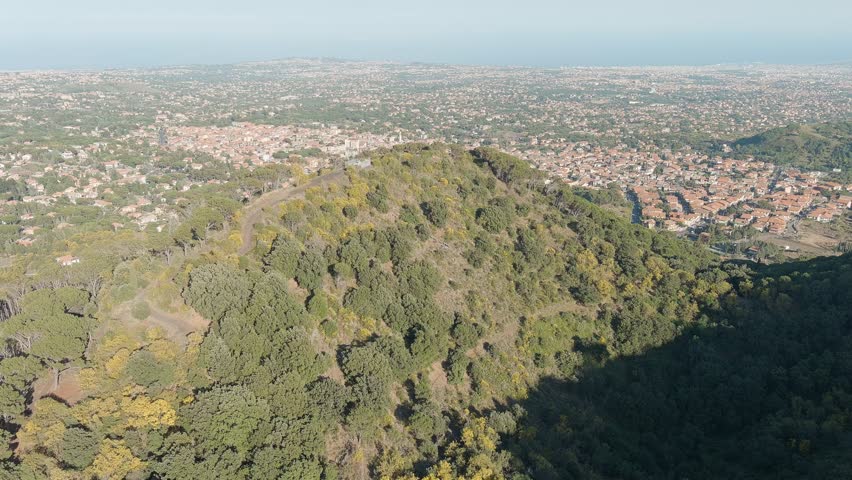 Nicolosi, Sicily, Italy. Volcanic craters overgrown with dense pine forest on the southern slopes of Mount Etna, aerial view. The Monti Rossi twin cones, formed during the devastating 1669 eruption that buried the ancient monastery of San Nicolo, are now blanketed in evergreen woodland and stand in striking contrast to the sprawling town below. The camera glides over the crater rims and forested slopes, revealing the layered textures of lava rock, scrub, and mature trees that have reclaimed these geological formations over centuries. In the background, the coastal plain stretches toward the Ionian Sea under a clear blue sky, with the urban grid of Nicolosi and Catania visible in the distance. Bright midday sunlight casts sharp shadows across the terrain, emphasizing the rugged topography and the dramatic meeting point of wild volcanic landscape and human settlement. This footage captures the unique ecological recovery of one of Etna