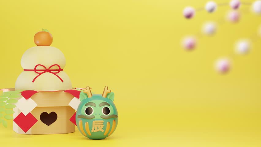 New Year background of a dragon daruma doll, cherry blossoms and kagami mochi(that is japanese traditional decoration for new year) Royalty-Free Stock Footage #1111611313