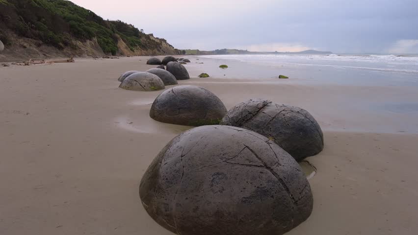 Moeraki Boulders and the ocean surf, Otago, New Zealand