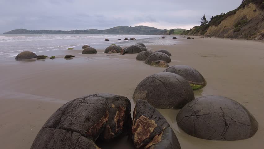 Moeraki Boulders and the ocean surf, Otago, New Zealand