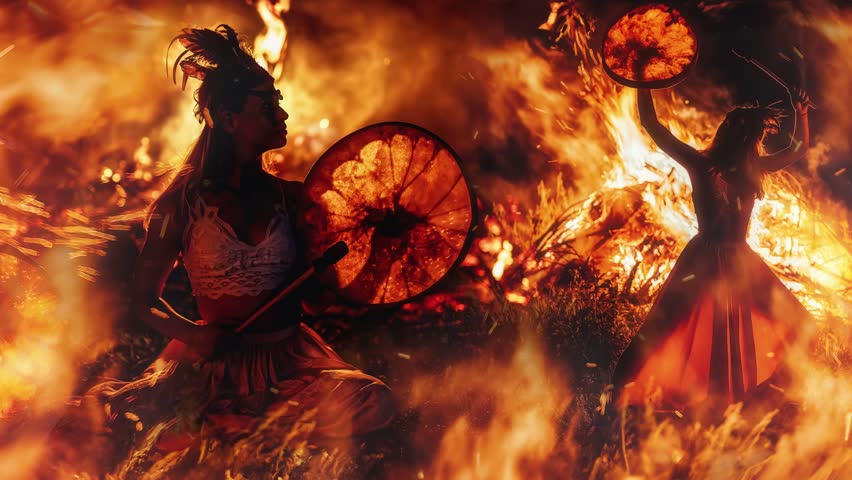 beautiful shamanic girl playing on shaman frame drum in the nature. Loop Animation.