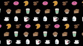 Colorful Moving Cartoon Coffee and Breakfast Graphics on a Black Video Background