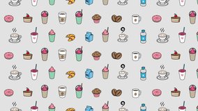 Colorful Moving Coffee and Breakfast Graphics on a Grey Video Background