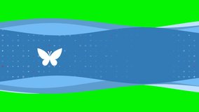 Animation of blue banner waves movement with white butterfly symbol on the left. On the background there are small white shapes. Seamless looped 4k animation on chroma key background