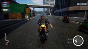 Player controlling the biker on the fast motorcycle in the computer game. Biker player riding a motorcycle in the virtual racing challenge. Biker player winning a mission on a quick motorcycle.