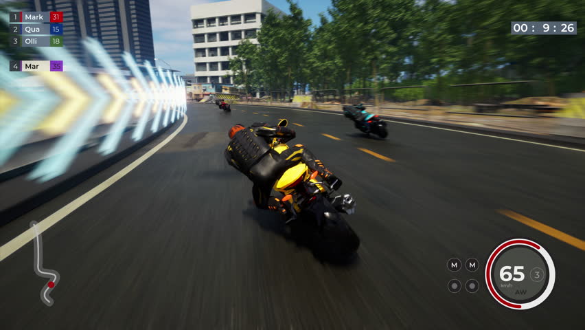 Player controlling the biker on the fast motorcycle in the computer game. Biker player riding a motorcycle in the virtual racing challenge. Biker player winning a mission on a quick motorcycle.