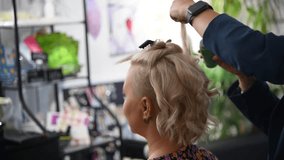 Side view of female hairdresser making new coiffure for adult blond haired woman using hair volume powder in hair salon. Soft focus. Real time handheld video. Hairstyle and beauty industry theme.