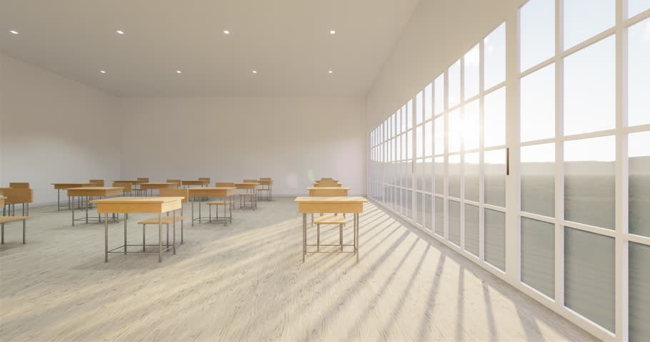 3d render of new normal classroom with spacing of tables and chairs to prevent the spread of covid-19 virus. Classroom or learning space interior floor decor by wood. For background. Move pan. | Shutterstock HD Video #1111620437