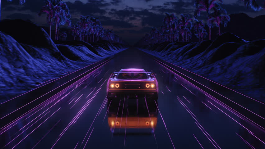 Loop Car and background neon retro wave 80s style. 3D Illustration Royalty-Free Stock Footage #1111624149