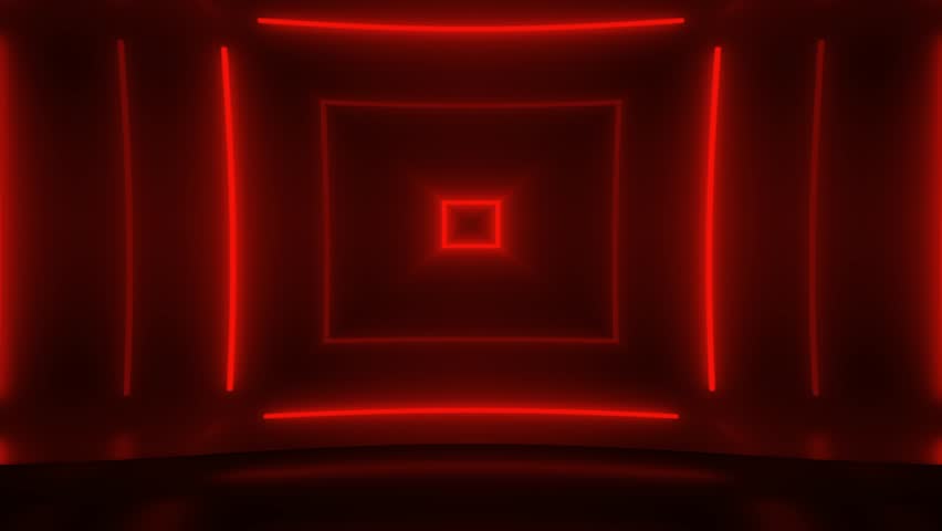 Red square neon tunnel moving lines lamps  stage backlight show distance, neon geometric technology futuristic abstract 3D fluorescent glowing animation background spectral metal glow, long tunnel 4k | Shutterstock HD Video #1111624403