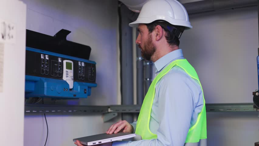 Male technology engineer plumber approaches the heating control system, opens a laptop, adjusts settings for optimal temperature, setting the heating and air conditioning system to autonomous mode.