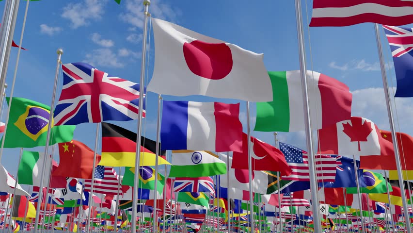Waving flags countries of members Group of Twenty. 3d rendering. Group of twenty countrys.
Big G20 flag summit Silk waving flags countries of members Group of Twenty political world leaders  Royalty-Free Stock Footage #1111626131