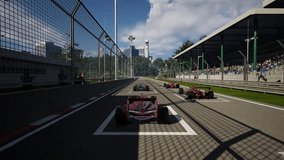 Driving the red Formula 1 car in the new competitive esports racing video game. Formula 1 vehicles on the virtual circuit in a video game. Formula 1 car finishing the lap in the video game.