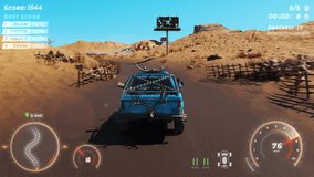 Playing newly released digital racing console game. Driving the racing car at a desert map in a console digital simulator. Achieving victory in drifting level of digital racing console video game