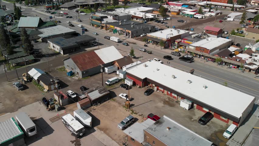 Aerial view of the Town of West Yellowstone, Montana, USA
