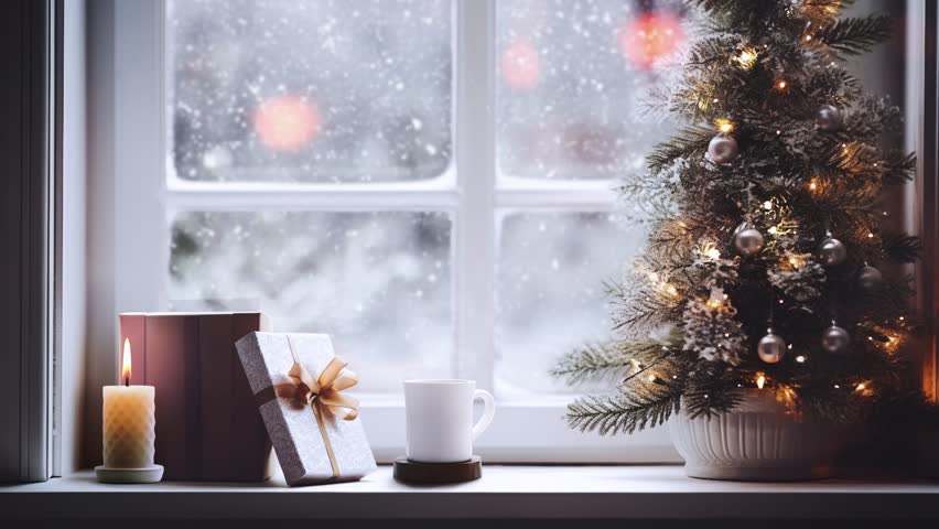 A cozy and warm Christmas decoration background with a snowy Christmas winter landscape, coffee, gifts, candles, and white snow falling outside the window.
