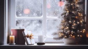 A cozy and warm Christmas decoration background with a snowy Christmas winter landscape, coffee, gifts, candles, and white snow falling outside the window.
 - Powered by Shutterstock - Get 15% off with code: PIKWIZARD15