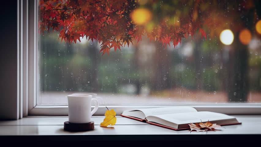 Rain falling on autumn maple trees, raindrops flowing on window glass, and the comfortable sound of rain ASMR, emotional landscape with red maple leaves, coffee, and books
