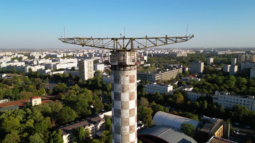 Aerial high angle footage of The Stadium in the capital of Romania - Bucharest. Drone shot of the largest stadium in Romania. National Arena
