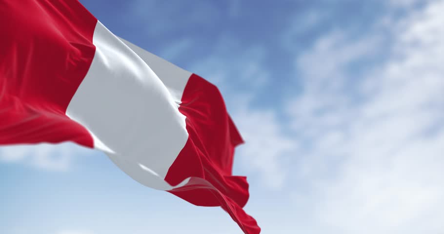 Peru national flag waving on a clear day. Vertical triband consisting of two red outer bands and a single white middle band. Seamless 3d render animation. Slow motion loop. Selective focus