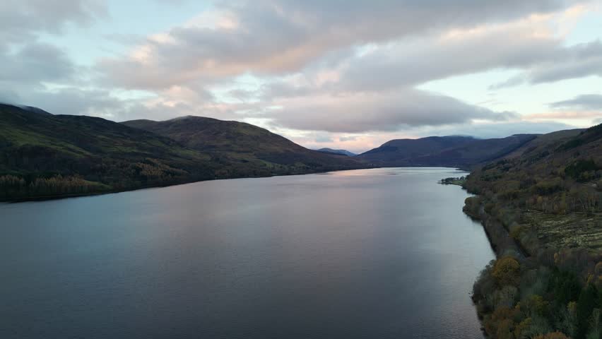 Beautiful autumn sunrise at Loch Earn, Scotland- Aerial view