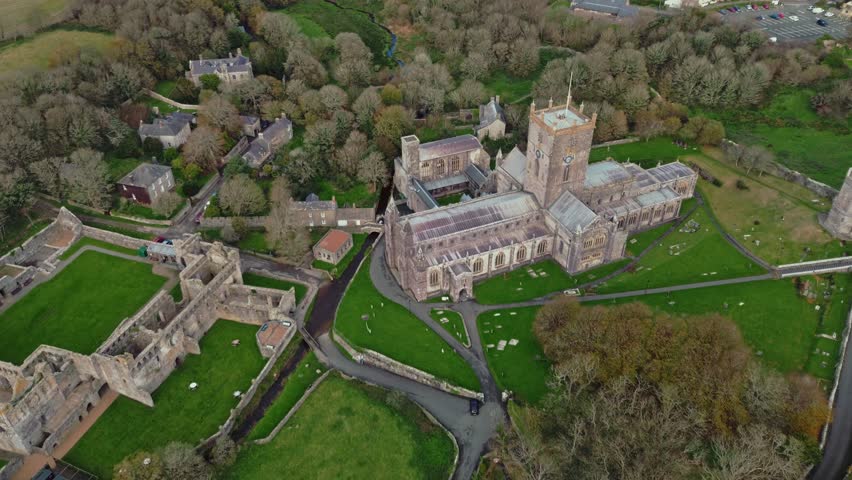 Arial footage of St Davids Cathedral and the remains of St Davids Bishop