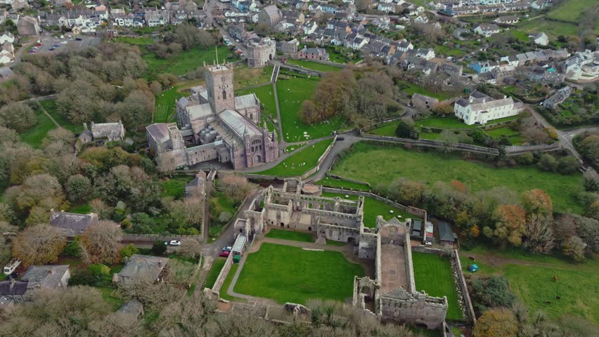 Arial footage of St Davids Cathedral and the remains of St Davids Bishop