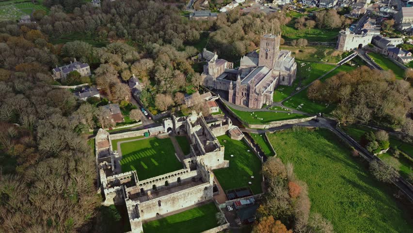 Arial footage of St Davids Cathedral and the remains of St Davids Bishop