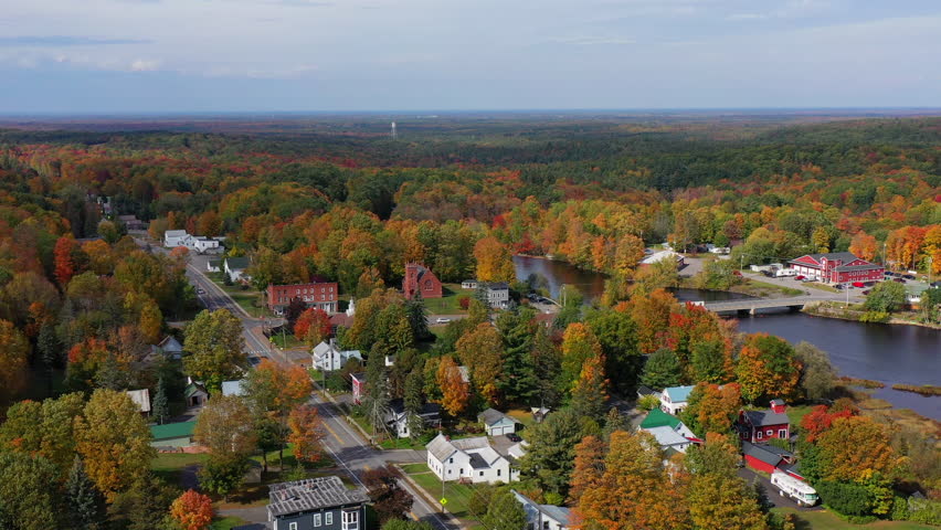 Aerial view of Fall (Autumn) foliage around the small town of Colton, in upstate New York.
