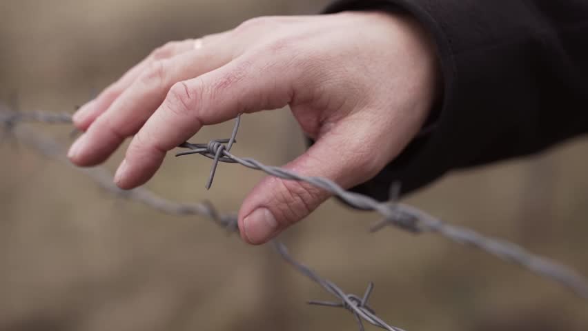 Mens hand slowly moving on barbed wire. Human rights. Dark history of the war. Brown colour. Conceptual scene. Freedom is great value. Married man with gold ring on the barbed wire. Royalty-Free Stock Footage #1111640317