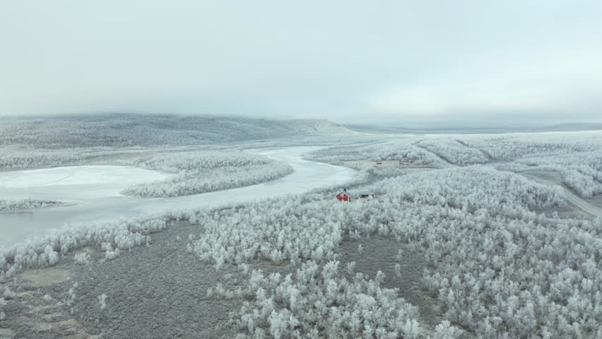 Aerial view of a stark winter landscape. Frosted trees and icy terrains, all enveloped in a blanket of snow. The subdued hues of winter convey quiet beauty of the season. Royalty-Free Stock Footage #1111640531