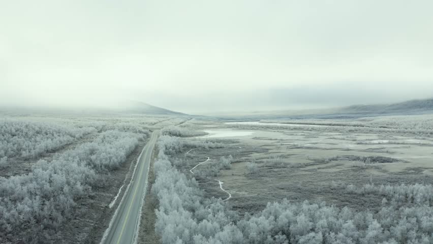 Aerial view of a stark winter landscape. A lonely road cuts through frosted trees and icy terrains, all enveloped in a blanket of snow. The subdued hues of winter convey quiet beauty of the season. Royalty-Free Stock Footage #1111640533