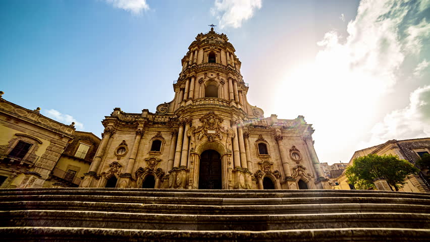 Baroque Church Of Cathedral of St George In Modica, Ragusa, Sicily, Italy. Timelapse