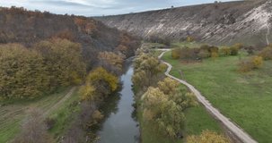Aerial drone view of rural landscape Old Orhei cliffs and plains near Trebijeni village, Moldova 