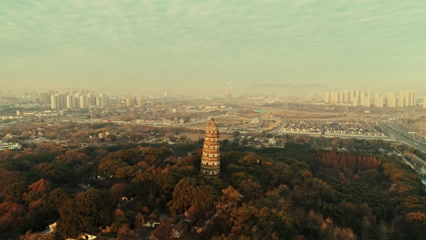 Aerial view of Tiger Hill Pagoda (Huqiu) in city of Suzhou in Jiangsu, China
