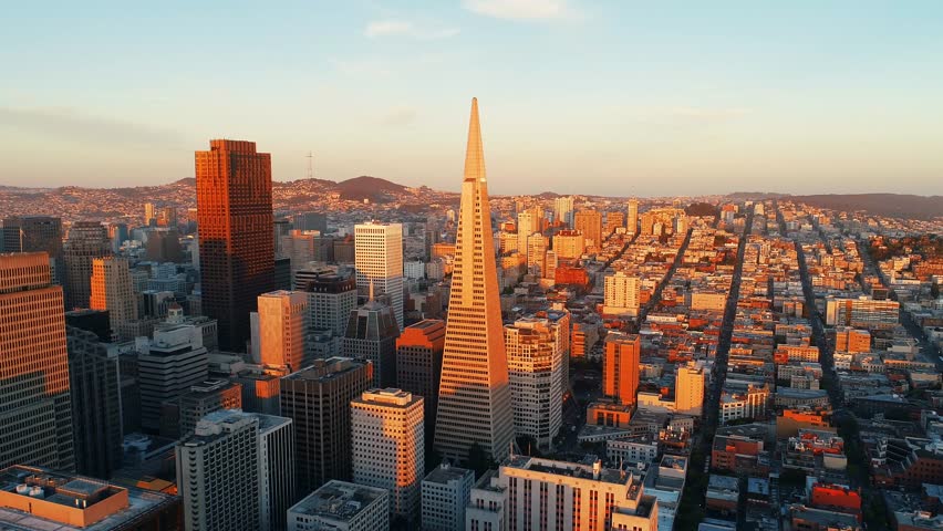 Aerial view of downtown San Francisco with skyscraper buildings at sunrise in California USA Royalty-Free Stock Footage #1111644781