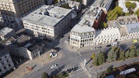 Drone flyover of old Montreal with views of the Montreal downtown skyline and Mount Royal in the background