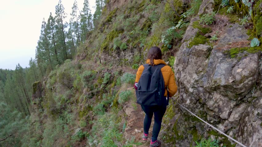 A hiker in a yellow jacket carefully navigates a narrow, rocky path lined with lush greenery, a testament to the adventurous spirit within nature