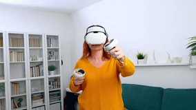 woman playing VR glasses. Sport in virtual reality. The concept of metaverse, virtual reality, future, technology and internet of things.