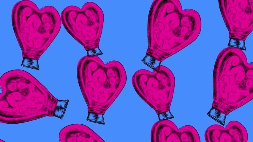 Rotating love potions on a black screen. Looping sketch background with a heart-shaped drink in 4K. Stock animation for Valentine's day with space for text. | Shutterstock HD Video #1111653373