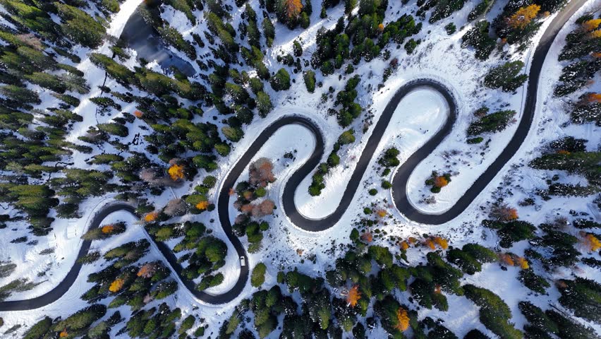 Aerial drone view winding mountain road between autumn trees and snow spruce forest. Serpentine snake road in Italian Alps. Cars driving through the curve. High quality 4k footage Royalty-Free Stock Footage #1111653503