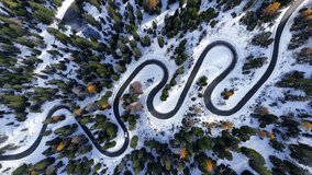 Aerial drone view winding mountain road between autumn trees and snow spruce forest. Serpentine snake road in Italian Alps. Cars driving through the curve. High quality 4k footage - Powered by Shutterstock - Get 15% off with code: PIKWIZARD15