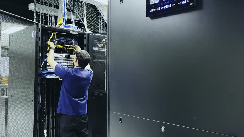 Computer engineer working with supercomputer in data center. Technician connecting cable on server in server room. system administrator setting up server network and doing maintenance. Royalty-Free Stock Footage #1111653695