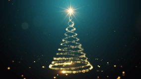 Glowing gold Christmas tree animation with particles lights stars and snowflakes on green. Holidays concept background 4k - Powered by Shutterstock - Get 15% off with code: PIKWIZARD15